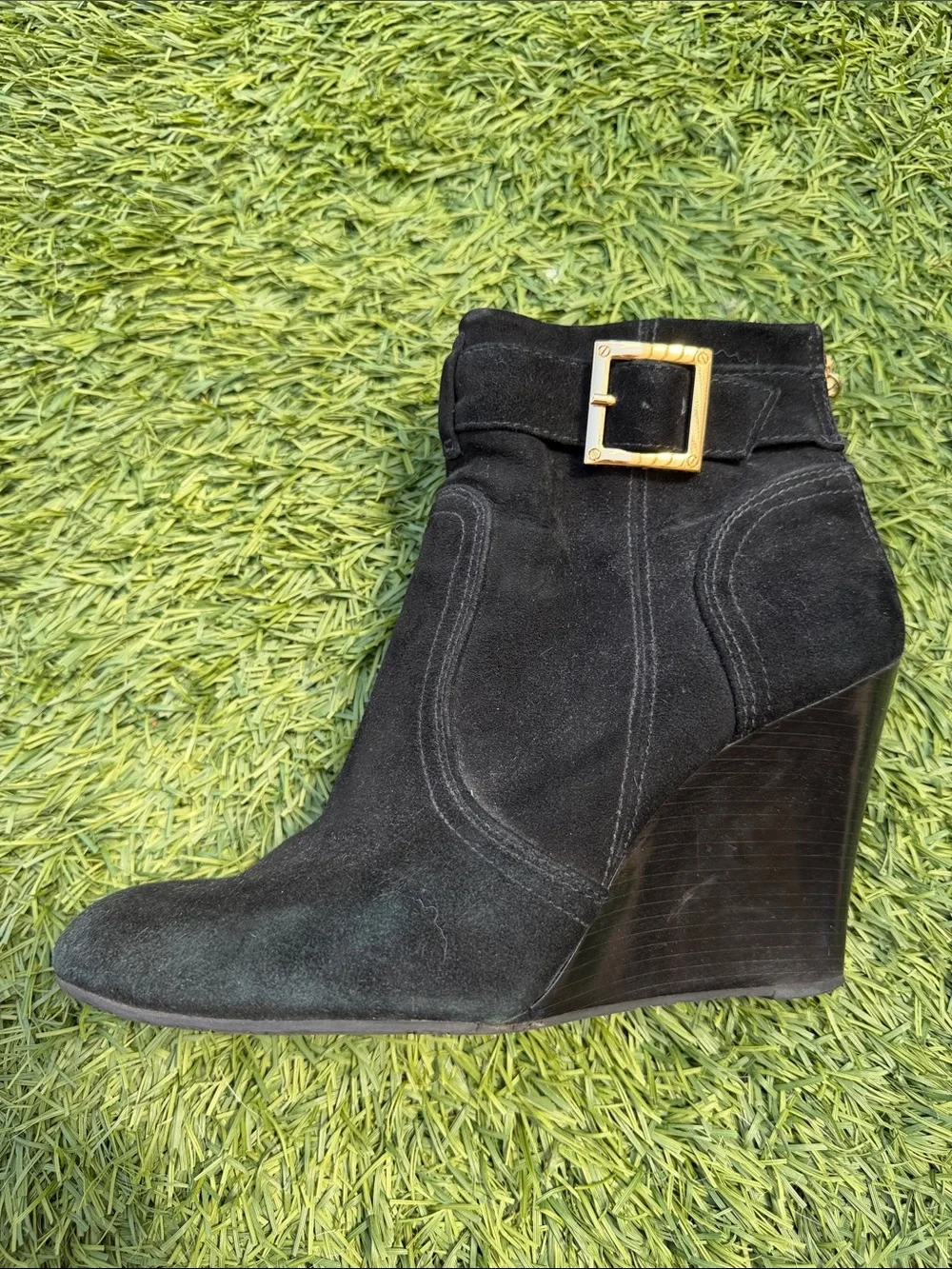 Tory Burch Black Suede Wedge Ankle Booties with Gold Buckle - Picture 2 of 5